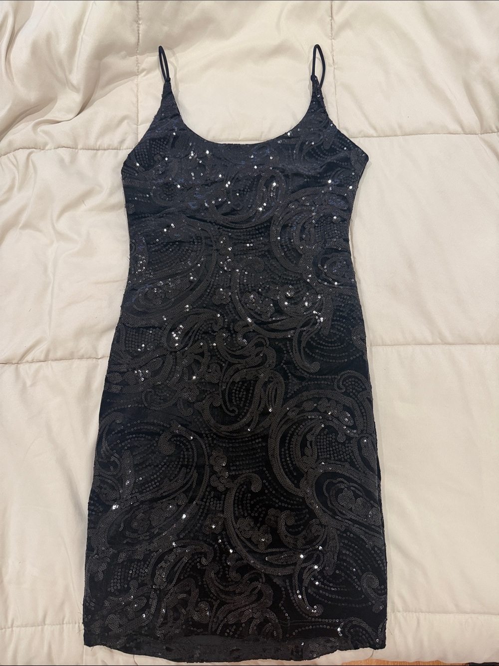 Black Sequin Slip Mini Dress with Delicate Spaghetti Straps